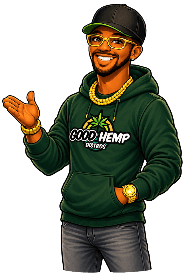 JAX, the Good Hemp Distro mascot, in a GHD hoodie