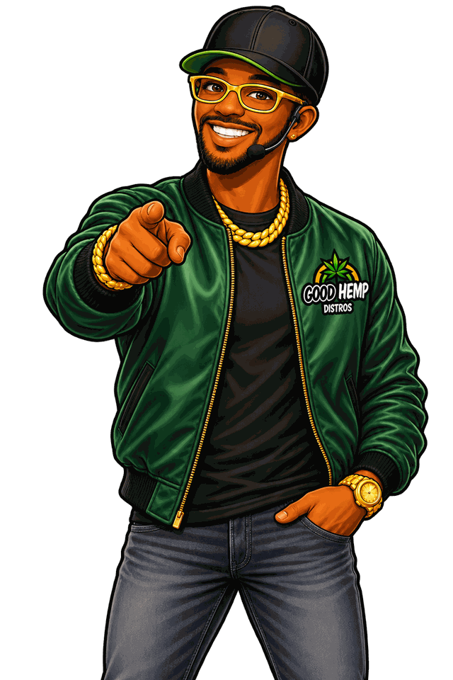 JAX in a GHD bomber jacket with a game-show headset, hosting the Hemp Arcade