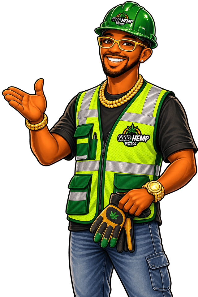 JAX in a hard hat and GHD safety vest for the hemp building section