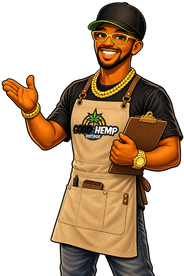 JAX in a Good Hemp Distro apron with a clipboard, presenting the category directory