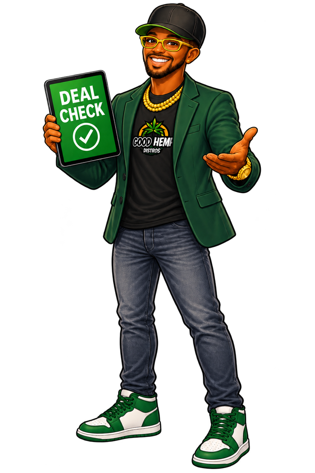 JAX in a green GHD blazer over the logo tee, holding a tablet that reads Deal Check, at the financing desk